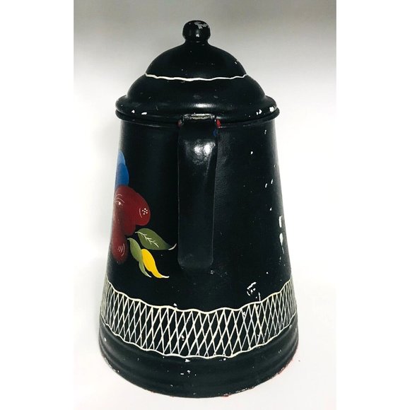 Vintage Tole Painted Coffee Pot Red Blue Flower Toleware Metalware Floral Black - Picture 4 of 6